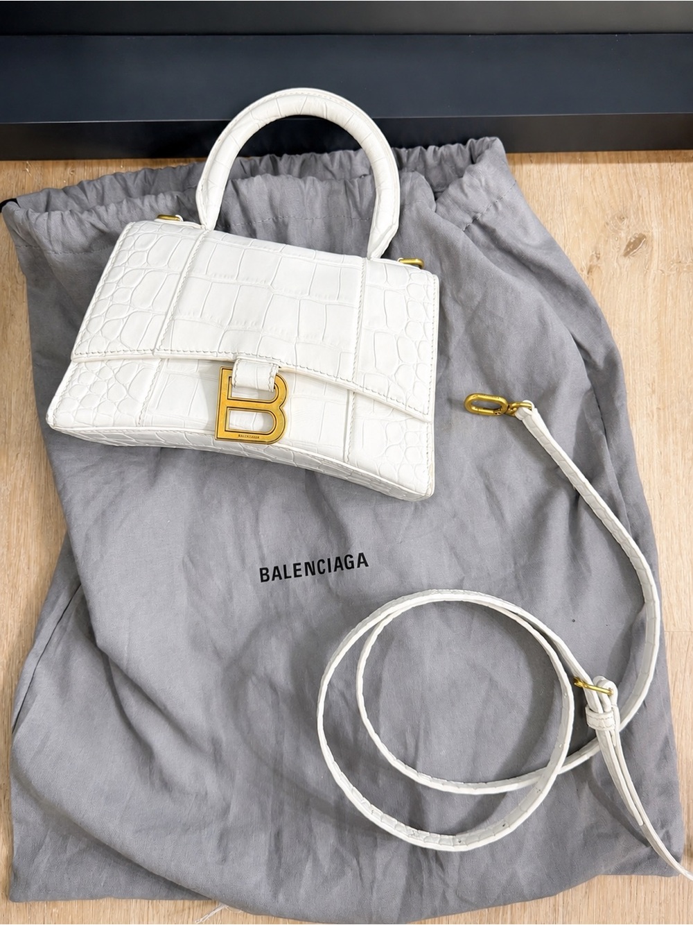 NEGOTIABLE Balenciaga White Croc-Hourglass Top-Handle Bag with Gold XSMALL